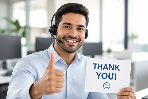Customer service representative saying thank you to his internal customers