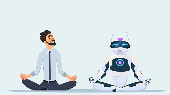 Man doing yoga with AI robot