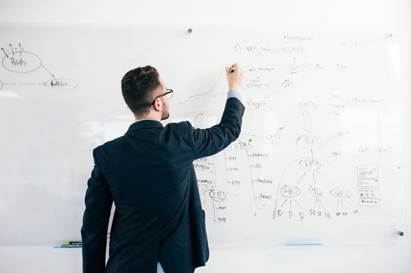 Manager writing business plan on whiteboard