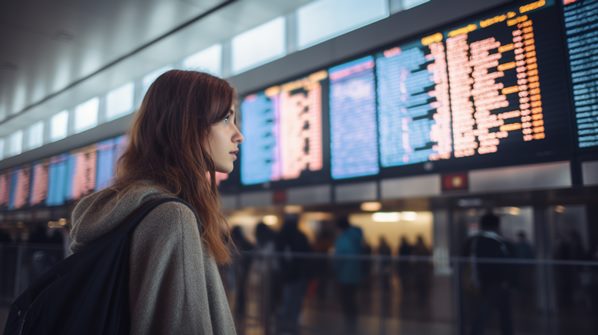 Women looking at flight information at airport