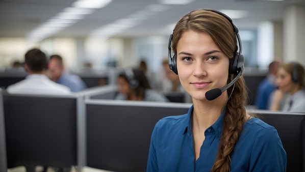 Call center agent wearing headset