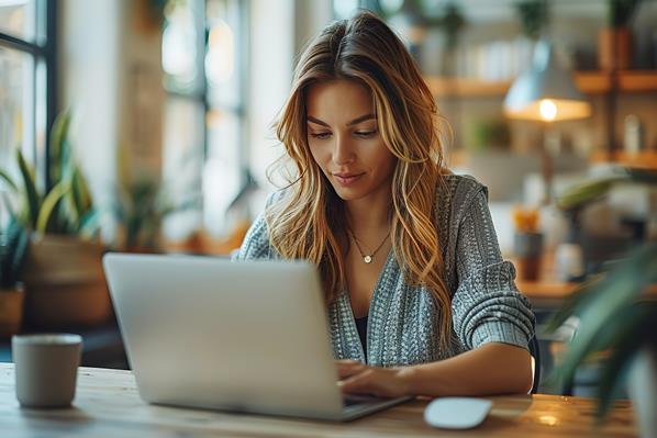 Women translating a document on her laptop