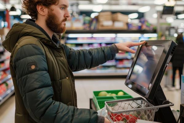 Shopper using self-checkout at supermarket