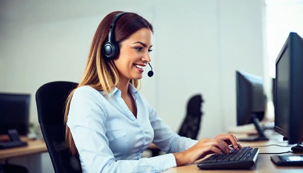 Contact center agent sitting at desk