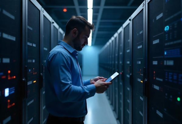 Man working in a modern data warehouse