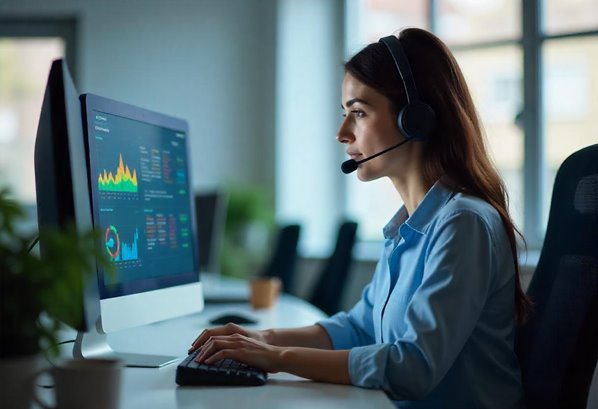 Customer Service Rep viewing data analytics on her computer