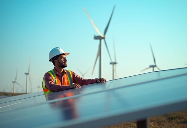 Field service engineer inspecting solar panels with wind turbines in background