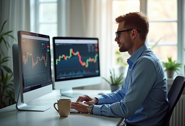 Trader looking at his computer screens with graphs on them