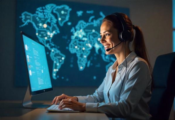 Multilingual translator at work on her computer using AI