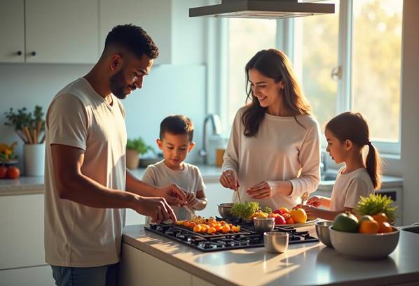 A family in the kitchen preparing a meal