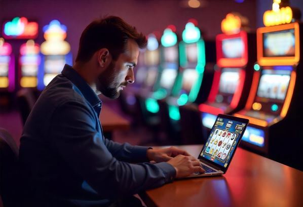 Man playing slots on his laptop