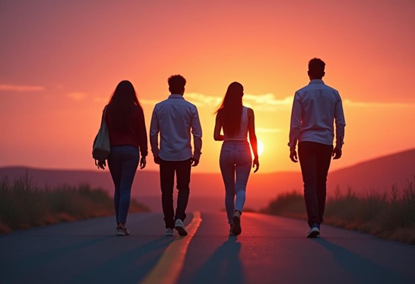 Management team walking along a sunny road