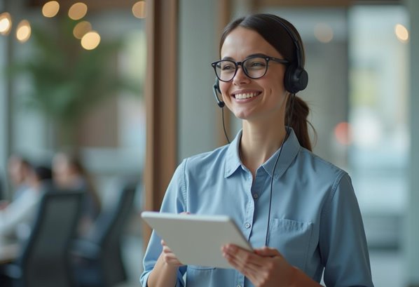 Customer support assistant holding a tablet