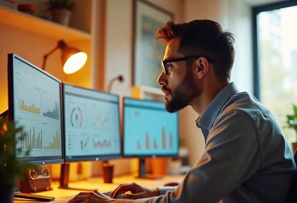 Man looking at data on his screens