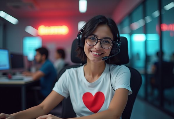 Smiling customer service representative wearing a heart design t-shirt for Valentine's Day