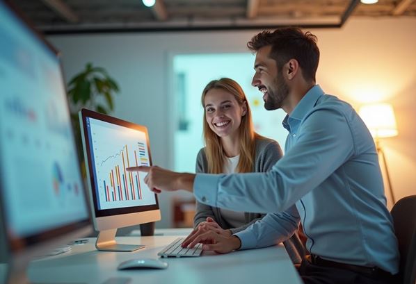 Management team looking at graph on a computer