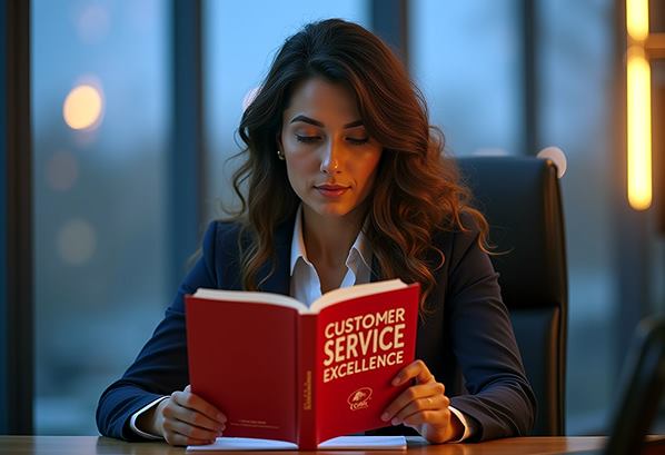 Manager reading a book called Customer Service Excellence