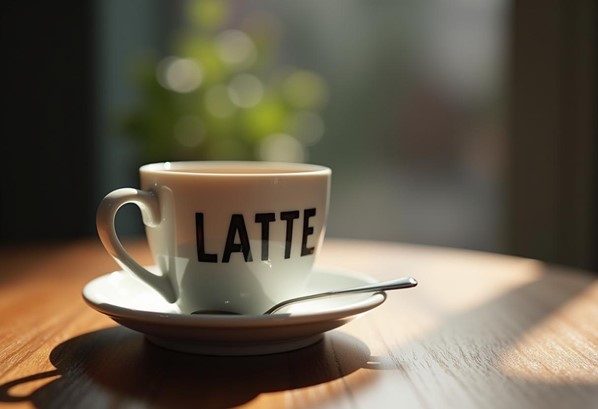 A cup with LATTE wrtitten on it