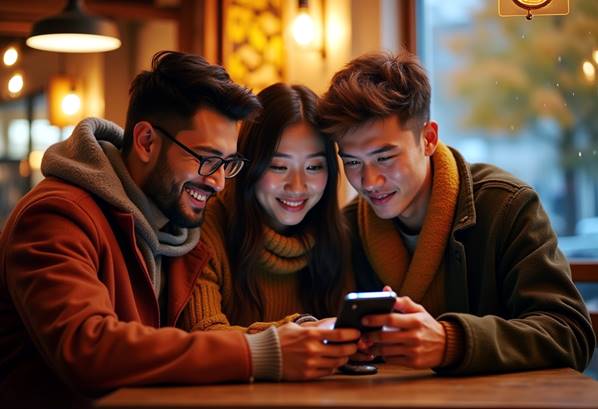 Smiling friends looking at a mobile phone