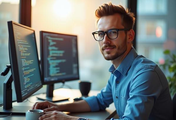 A software developer at work on his computer