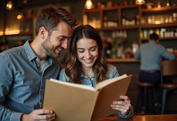 A young couple looking at a menu in a restaurant