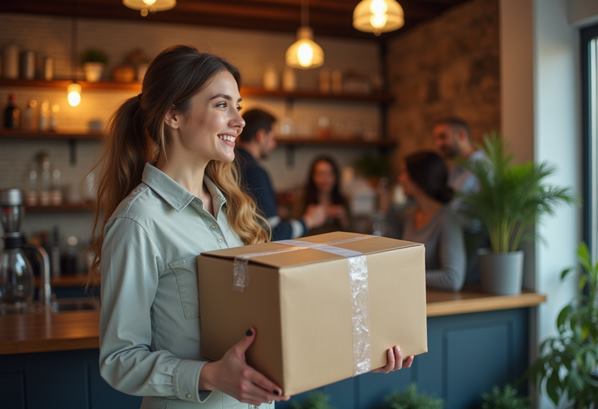 Customer reciving a package at her restaurant