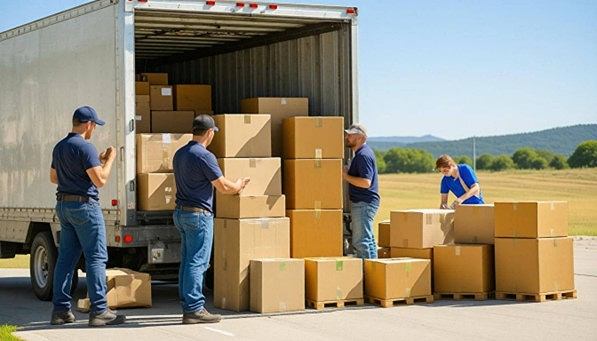 Moving company employees loading boxes on to truck