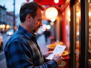 Man reading his receipt at fast food joint