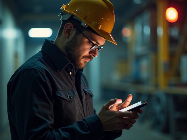 Field service engineer looking at his mobile phone