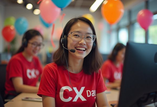 A happy CSR celebrating Customer Experience Day (CX Day)