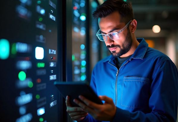 Field service engineer using a tablet on the job
