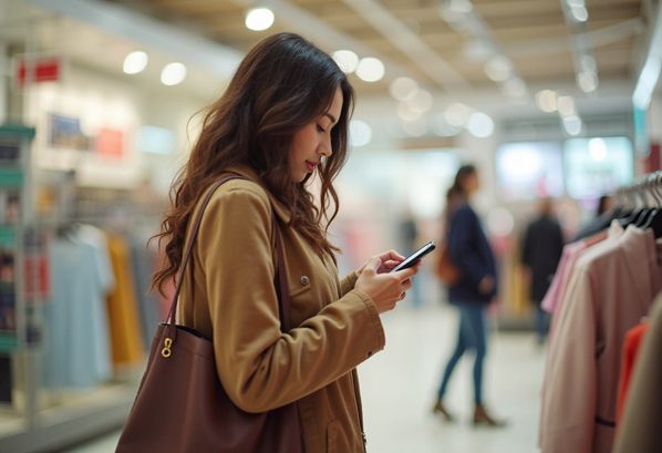 A customer looking at her mobile phone in a store