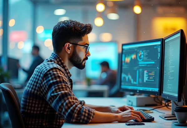 CX manager analyzing customer data on his computer
