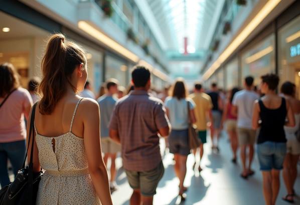 People waiting in line in a busy shopping mall