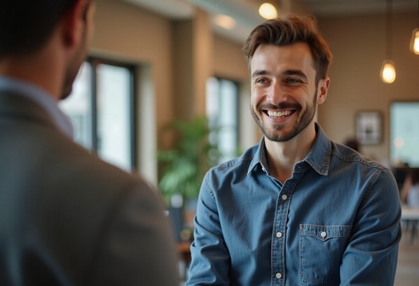 A young man being interviewed for a customer service job