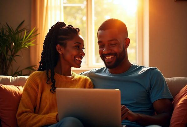 A young couple using the internet on their laptop