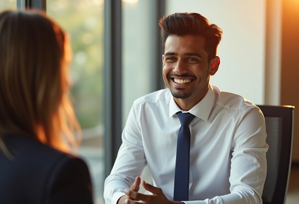 A young man being interviewed for a customer service job