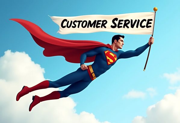 Superman flying with a customer service banner