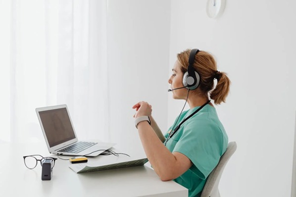 A doctor on a telehealth video call