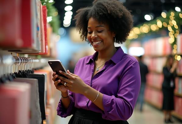 A smiling customer locating a product in a store using her mobile phone