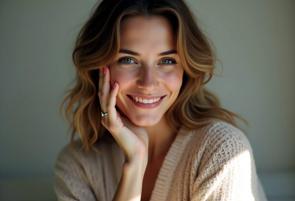 A smiling women with her hand on her face