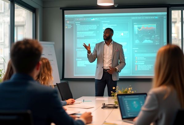 Customer success manager giving a presentation to his team