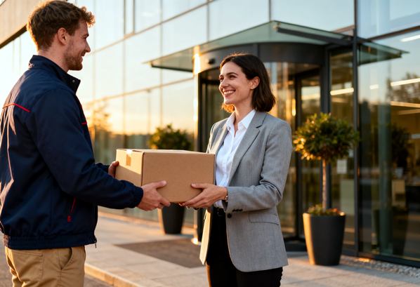 A shipping company handing a parcel delivery to a business customer