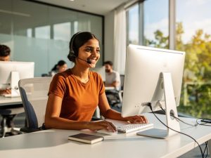 A contact center specialist with a telephone headset