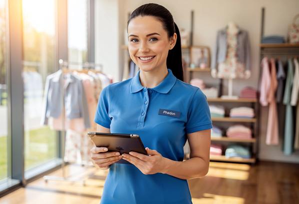 A retail assistant using a tablet at work in a clothes store