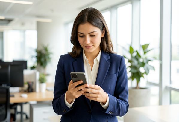 A business women looking at messages on her mobile phone