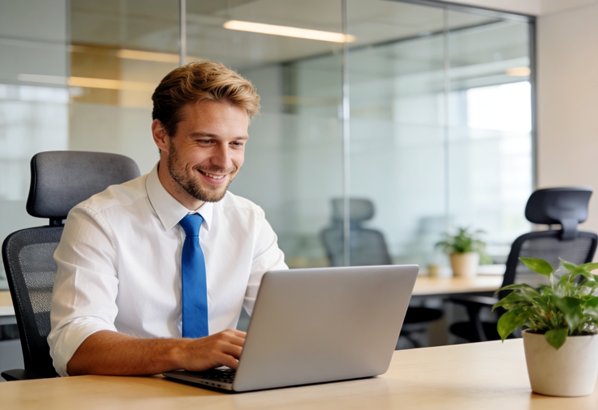 Friendly businessman working on his laptop