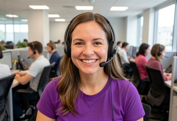 A smiling contact center agent in a busy call center