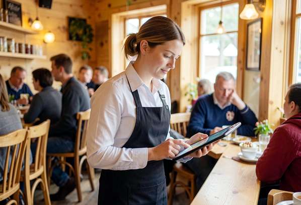Waitress using a tablet in a busy restaurant