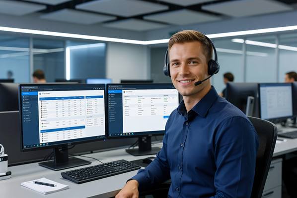 Call center associate taking a call from a customer using a headset